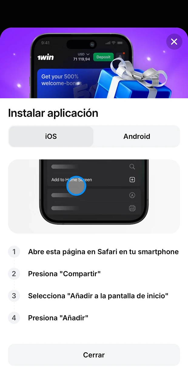 Familiarícese con el proceso de instalación completa de la aplicación 1Win.