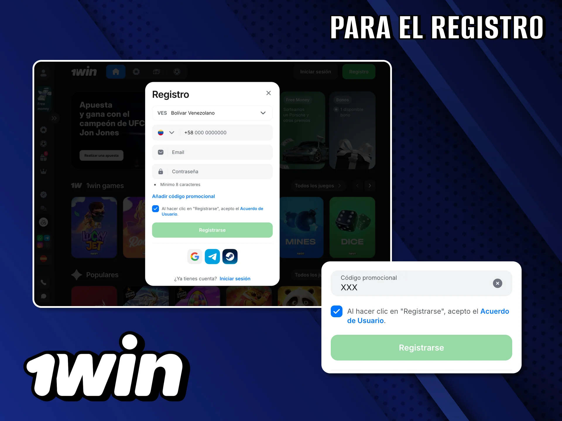 Utiliza el código promocional de 1Win en el momento de registrarte por primera vez en la página web.