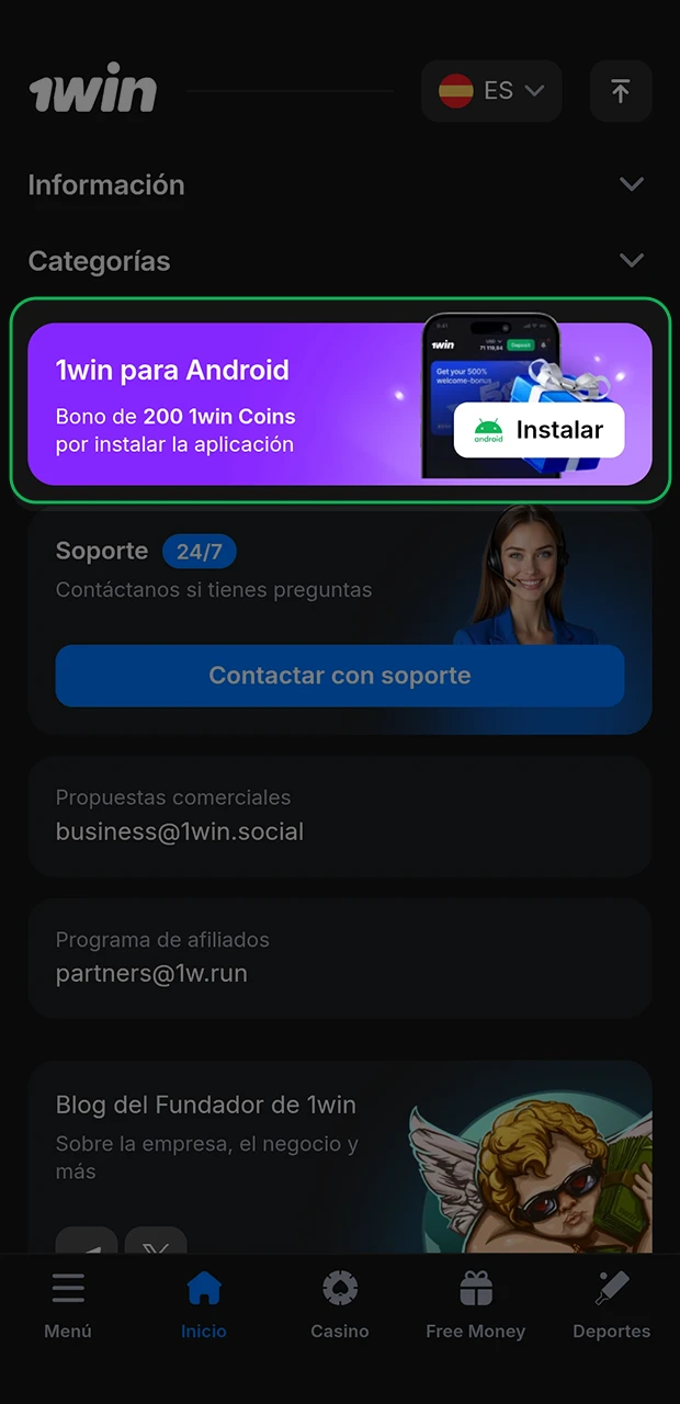 Lee con atención las instrucciones para instalar la aplicación 1Win.