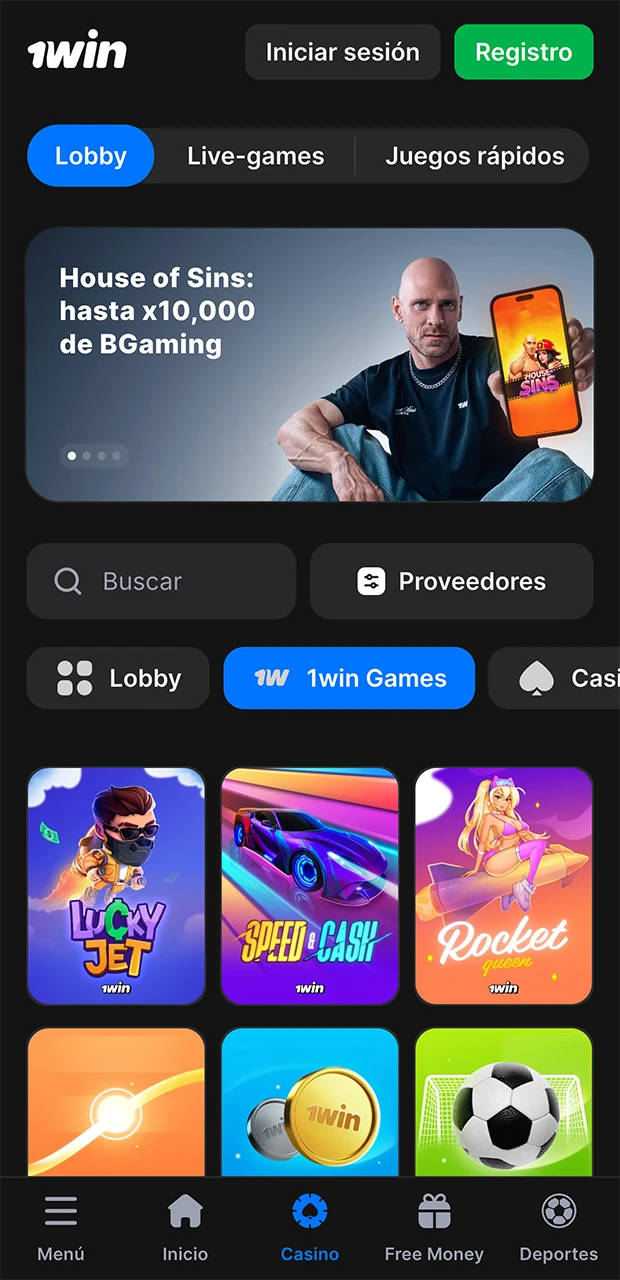 Página principal en la aplicación 1Win.