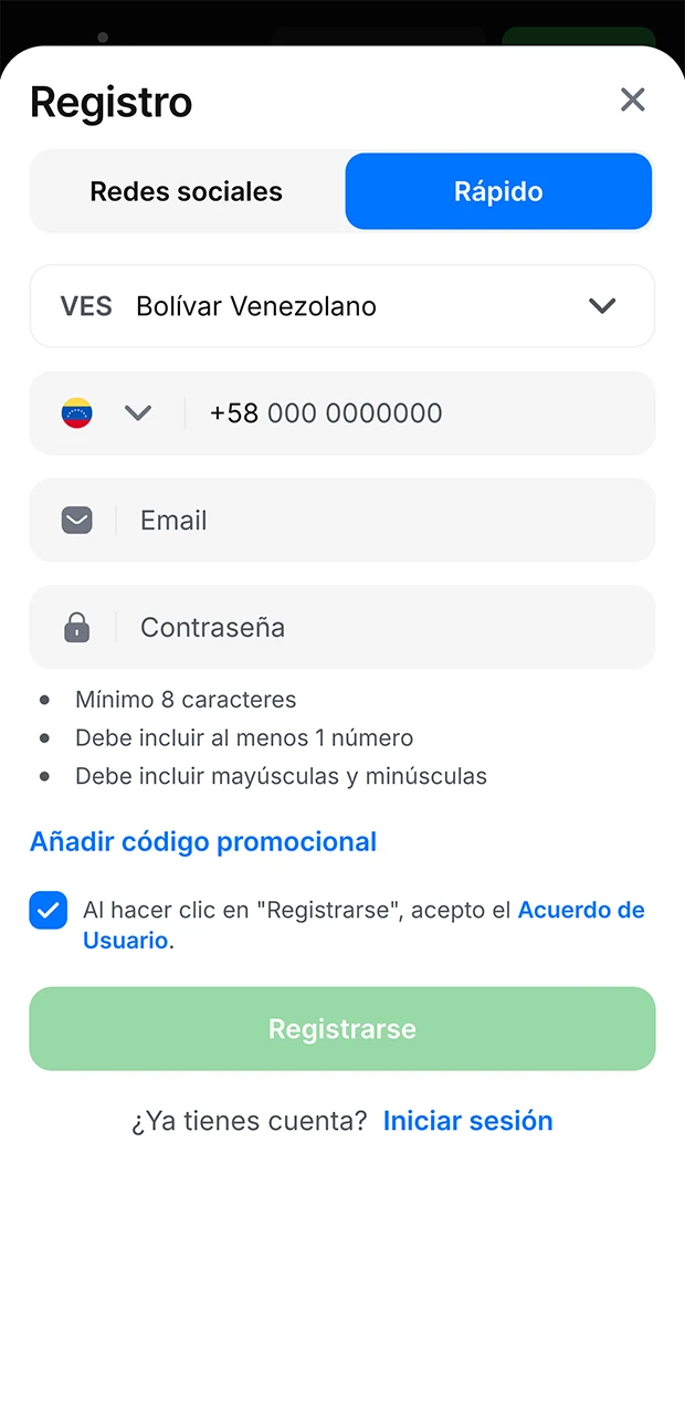 Formulario de registro en el casino 1Win.